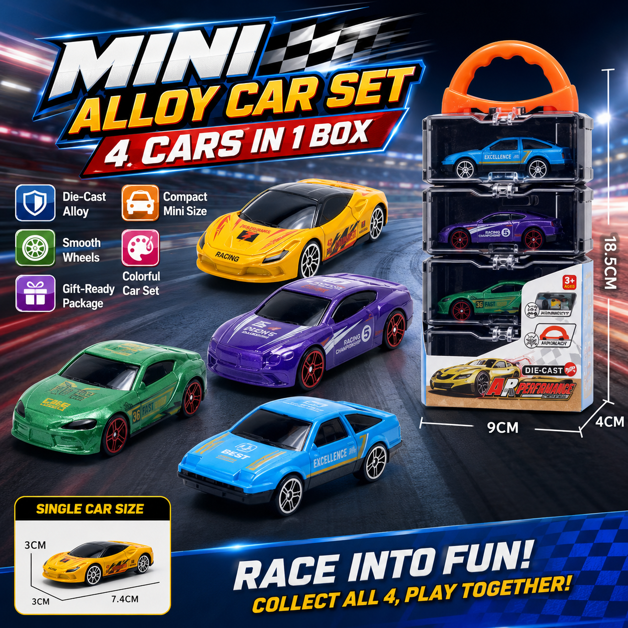 Mini Alloy Car Set – 4 Die-Cast Racing Cars with Stackable Carry Case