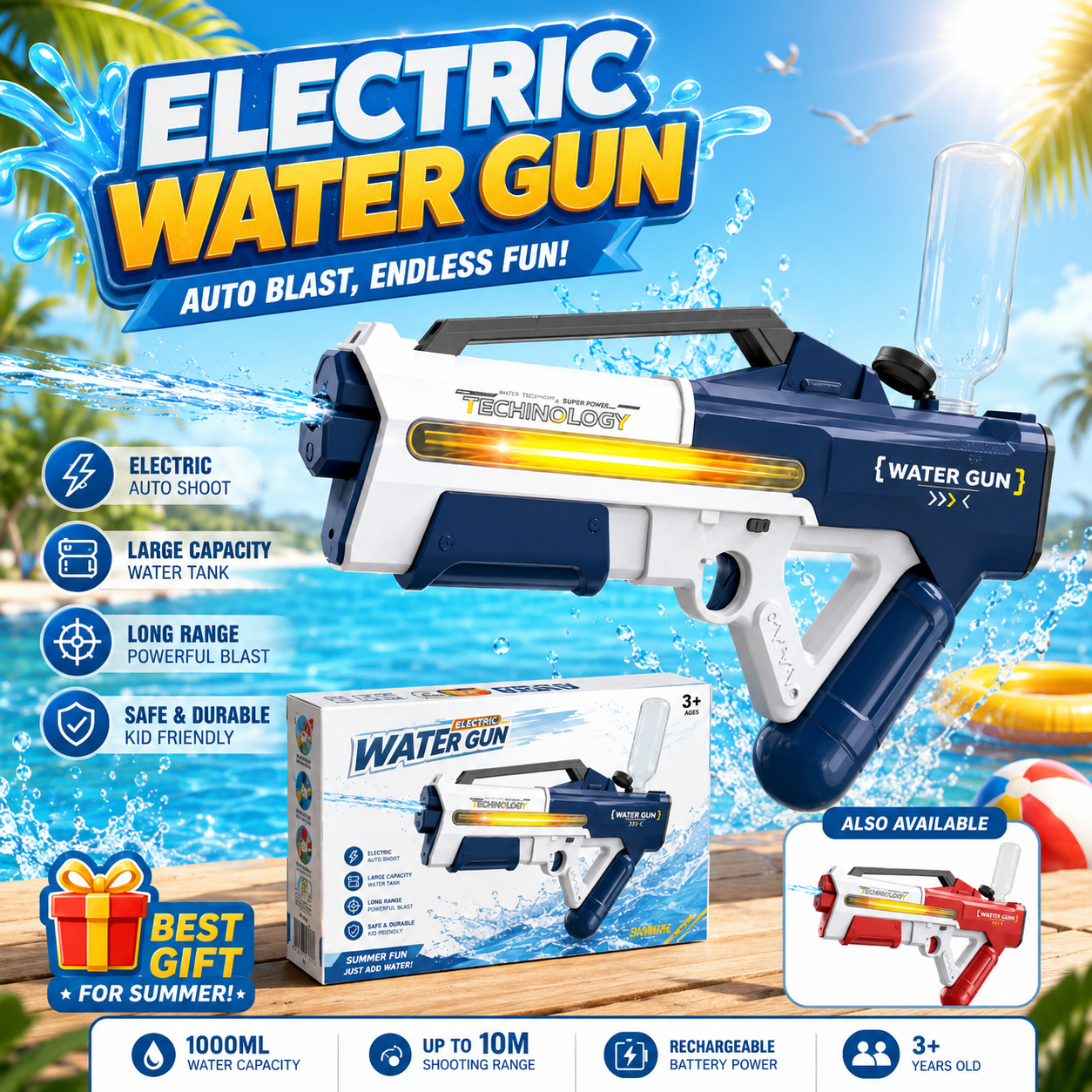 Rechargeable Electric Water Gun with 1000ml Tank & 10m Range