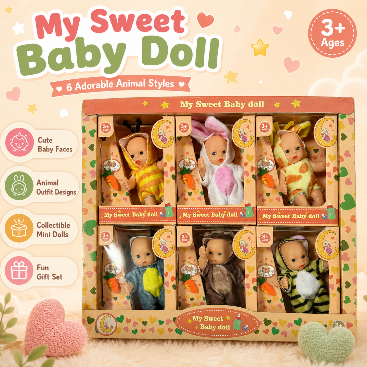 My Sweet Baby Doll Set – 6 Assorted Animal Costume Mini Baby Dolls