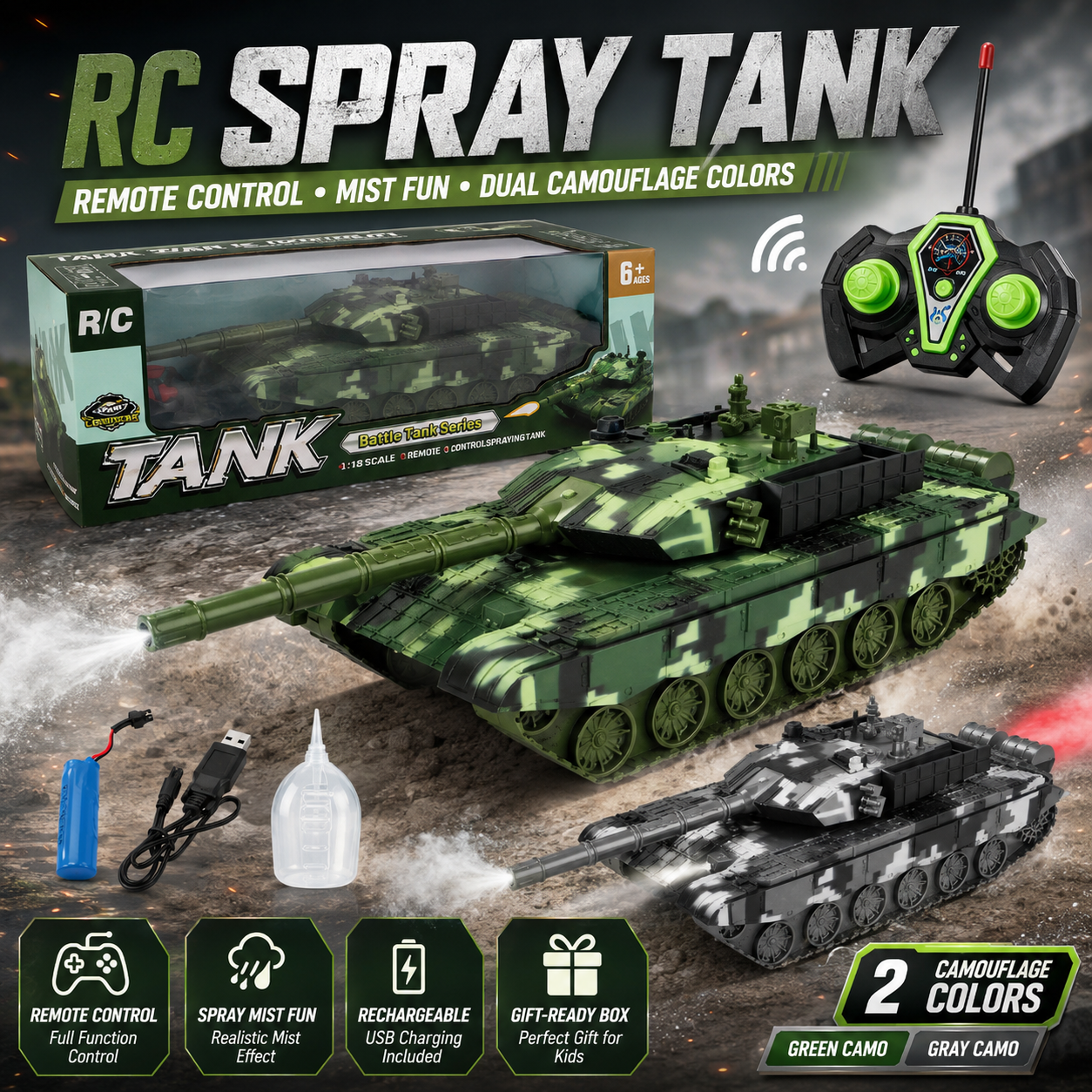 RC Spray Tank – Remote Control Battle Tank with Mist Spray Effect