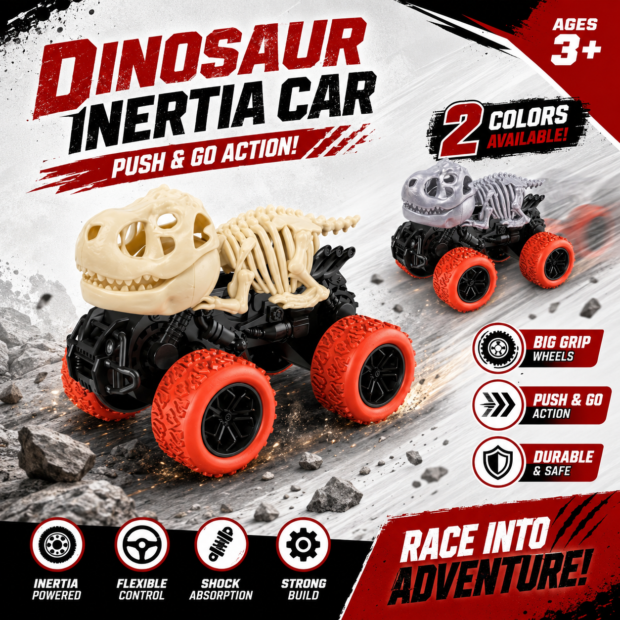 Dinosaur Skeleton Inertia Monster Truck – Push & Go Off-Road Toy Car for Kids