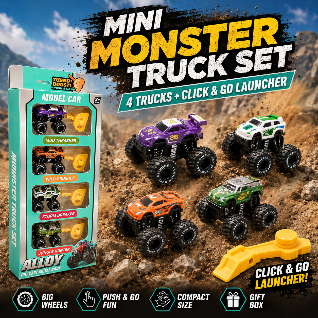 Mini Monster Truck Set – 4 Click & Go Big-Wheel Off-Road Trucks