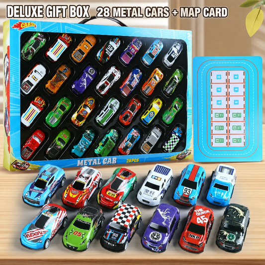 Gift set of 28 small metal pull-back toy cars plus a map.