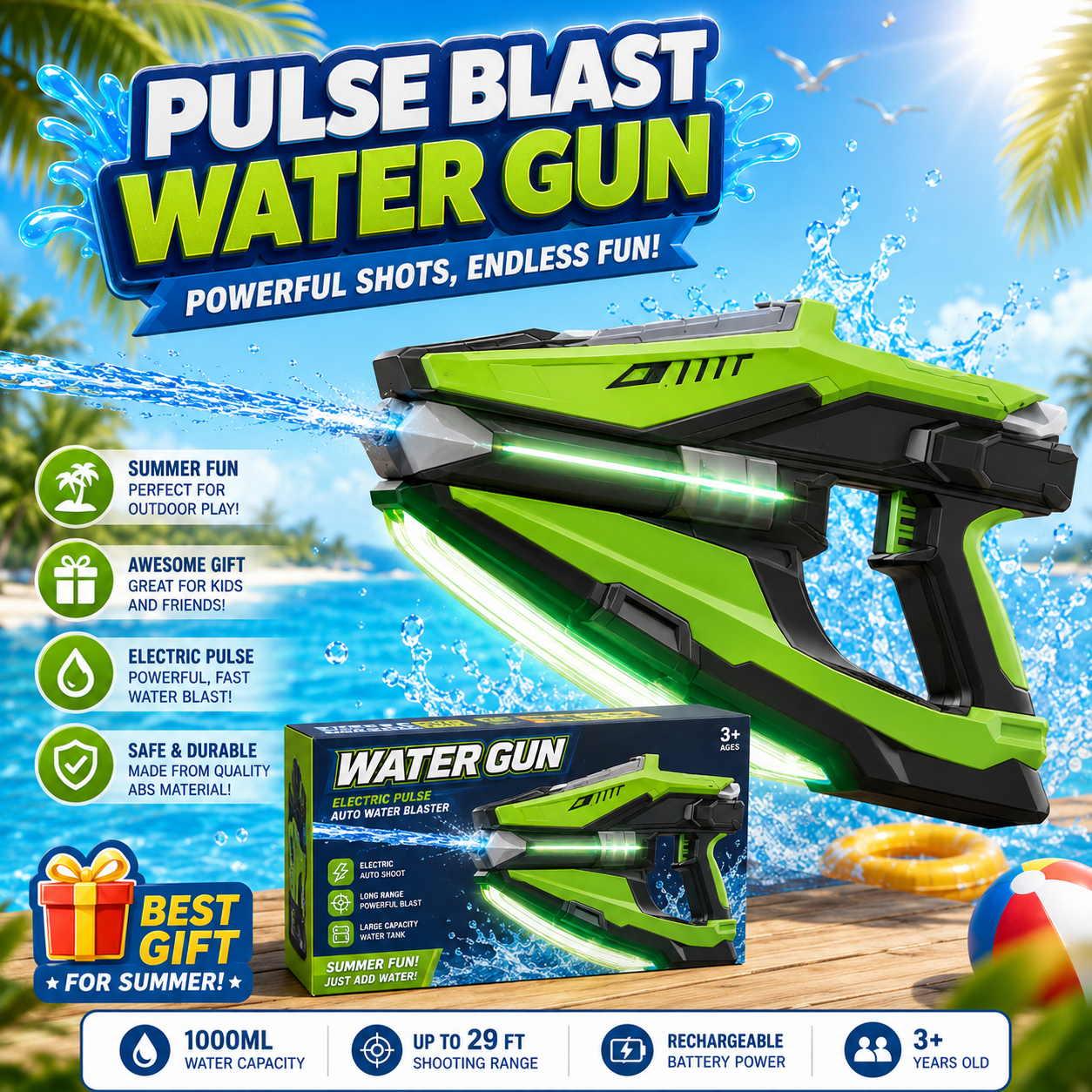 Electric Pulse Water Gun with 1000ml Tank and 29ft Shooting Range