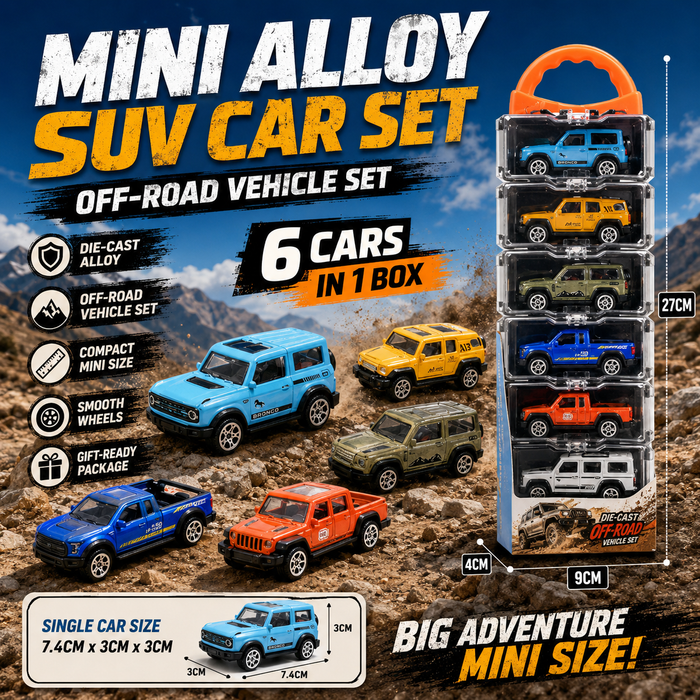 Mini Alloy SUV Car Set – 6 Die-Cast Off-Road Vehicles with Stackable Carry Case