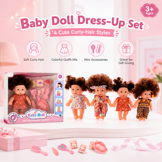 Curly Hair Baby Doll Dress-Up Playset – 4 Lovely Fashion Dolls