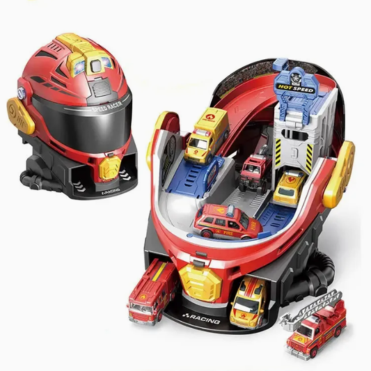 Transforming Helmet Race Track Playset with Die-Cast Cars