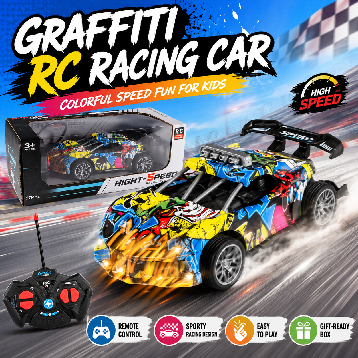 Graffiti RC Racing Car – High-Speed Remote Control Race Car with Colorful Graffiti Design