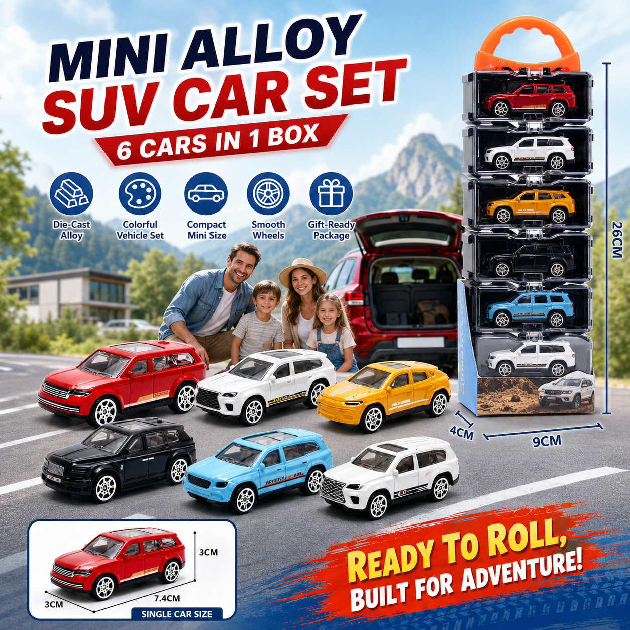 Mini Alloy SUV Car Set – 6 Die-Cast Off-Road Vehicles with Stackable Carry Case