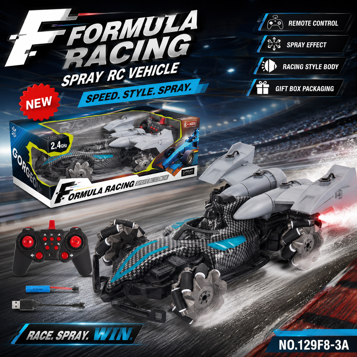 Futuristic Formula Racing RC Spray Vehicle – High-Speed Remote Control Race Car with Spray Effect
