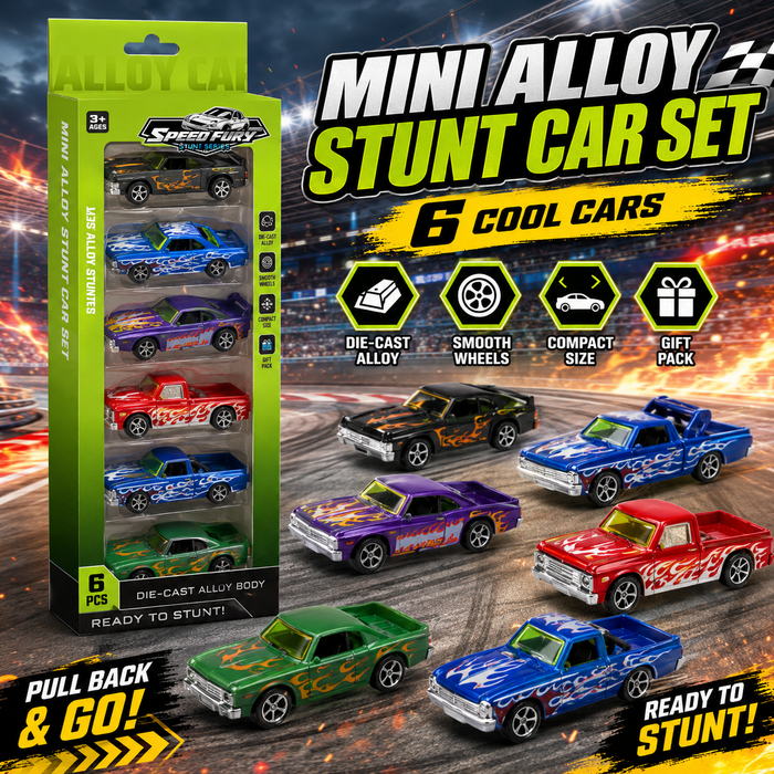 Mini Alloy Stunt Car Set – 6 Die-Cast Stunt Vehicles in Gift-Ready Pack