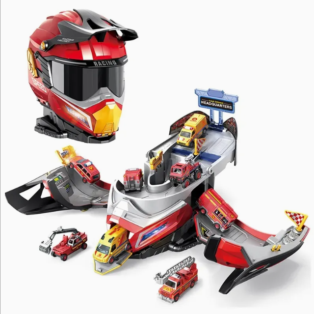 Transforming Helmet Race Track Playset with Die-Cast Cars