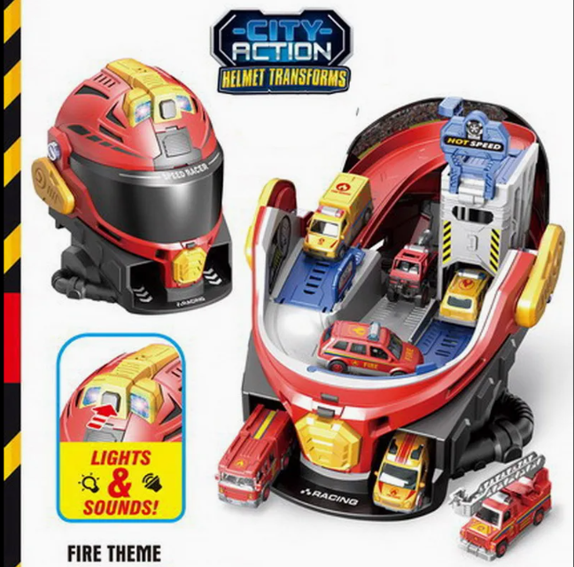 Transforming Helmet Race Track Playset with Die-Cast Cars