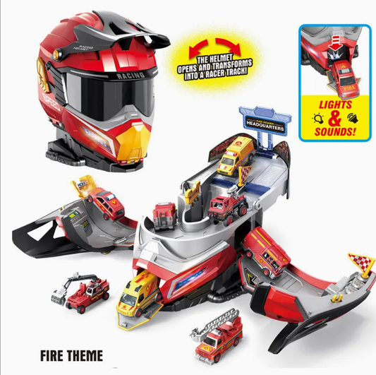 Transforming Helmet Race Track Playset with Die-Cast Cars