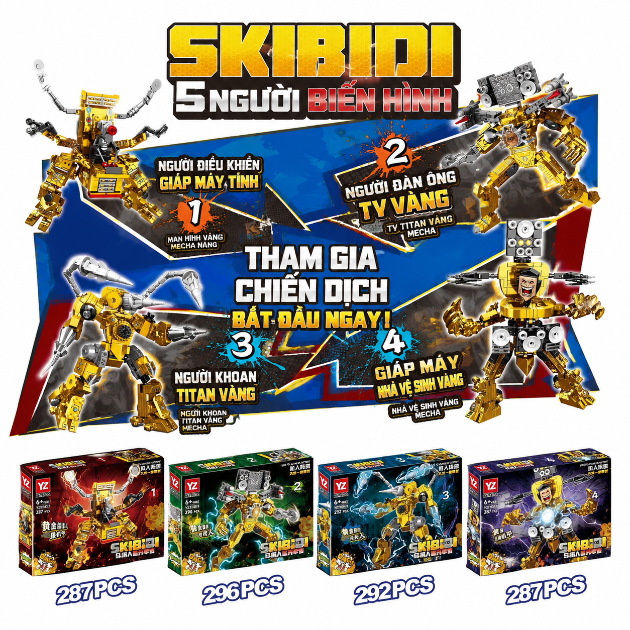 Skibidi Toilet Gold Titan Mech Building Blocks Set-4Pcs