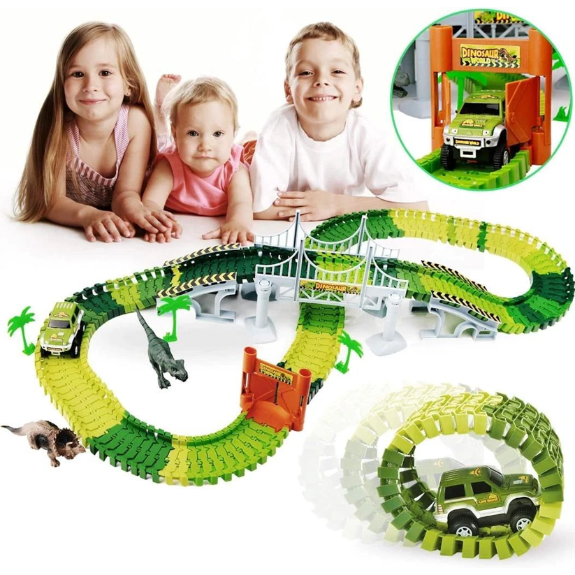 Dinosaur World Flexible Race Track Toy Set with Electric Car