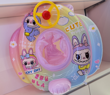 Cute cartoon inflatable swimming ring with steering wheel and seat