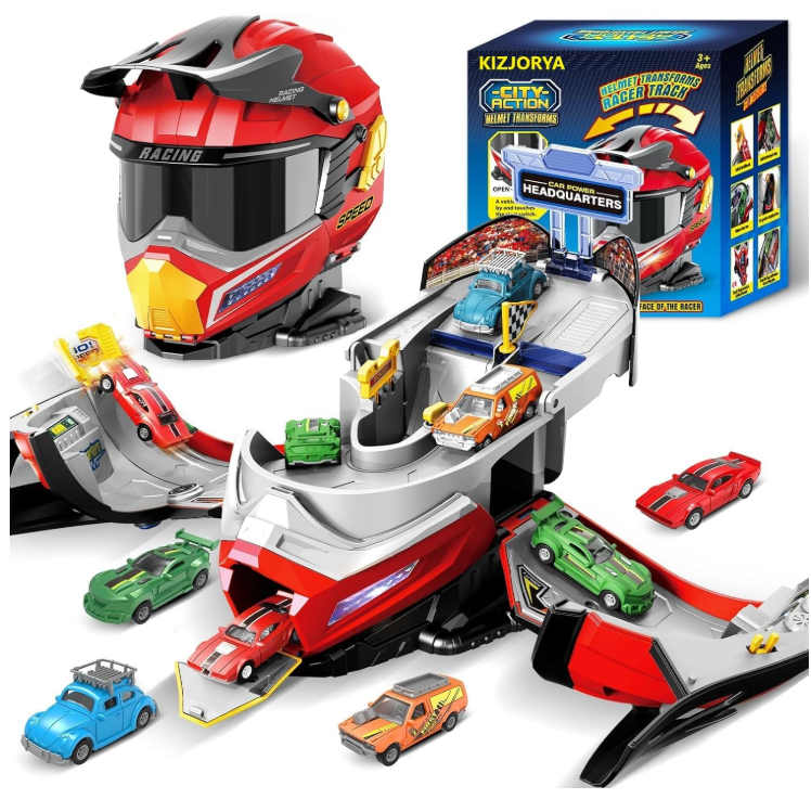 Transforming Helmet Race Track Playset with Die-Cast Cars