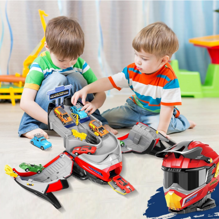 Transforming Helmet Race Track Playset with Die-Cast Cars